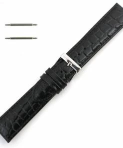 Black Leather Watch Strap 20mm Padded Stitched Croco Grain 7 7/16 Inch Length