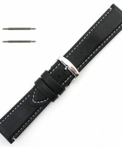 Waterproof Leather Watch Band 22mm Black With White Stitching 7 7/16 Inch Length