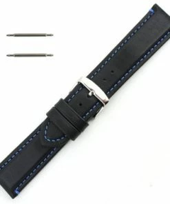 Waterproof Leather Watch Band 20mm Black With Blue Stitching 7 7/16 Inch Length