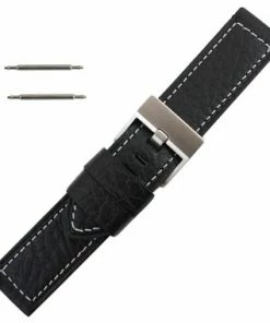 Black Leather Watch Band 22mm Thicker With White Stitching 7 3/4 Inch Length