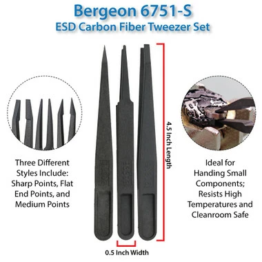 Bergeon ESD Carbon Fiber Tweezers 6751-S 3 Piece Set 2 Bergeon ESD Carbon Fiber Tweezers 6751-S 3 Piece Set - Image 2