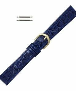 Navy Blue Leather Watch Strap 14mm Stitched Flat Croco Grain 6 13/16 Inch Length