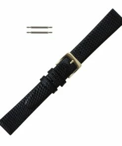14mm Watch Band Black Leather Lizard Grain 6 3/4 Inch Length