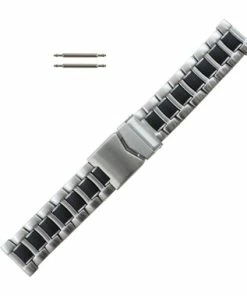 Silver Tone Stainless Steel 6 11/16 Inch Length Metal Watch Band With Black Accents 24mm