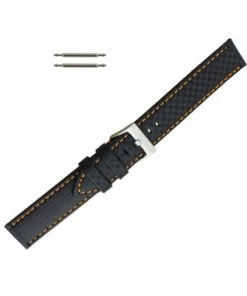 Hadley Roma Genuine Leather Carbon Fiber Style Watch Band 22mm Black With Orange Stitching 7 7/8 Inch Length
