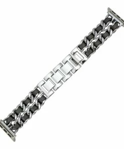Silver Tone Stainless Steel With Leather Weave Watch Band Made To Fit 42mm Apple® Watch