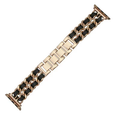 Rose Gold Tone Stainless Steel With Black Leather Weave Watch Band Made To Fit 42mm Apple® Watch 1 Rose Gold Tone Stainless Steel With Black Leather Weave Watch Band Made To Fit 42mm Apple® Watch