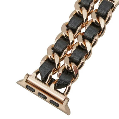 Rose Gold Tone Stainless Steel With Black Leather Weave Watch Band Made To Fit 38mm Apple® Watch 2 Rose Gold Tone Stainless Steel With Black Leather Weave Watch Band Made To Fit 38mm Apple® Watch - Image 2