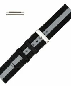 Hadley Roma Grey And Black Striped 24mm Nylon Watch Band 7 3/4 Inch Length