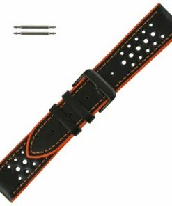 Hadley Roma Leather Watch Band Waterproof 18mm Black With Orange Stitching 7 7/8 Inch Length
