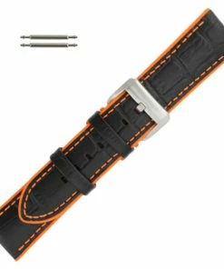 Black Leather 22mm Alligator Grain Stitched With Orange Silicone Lining 7 7/8 Inch Length