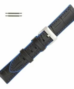 Black Leather 22mm Alligator Grain Stitched With Blue Silicone Lining 7 7/8 Inch Length