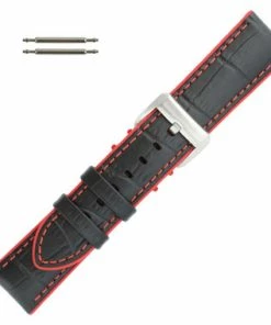 Black Leather 22mm Alligator Grain Stitched With Red Silicone Lining 7 7/8 Inch Length