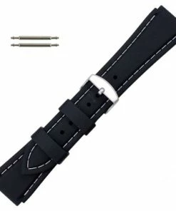 Black 20mm Silicone Watch Band Sport Strap With White Stitching 7 5/8 Inch Length
