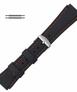 Black 20mm Silicone Watch Band Sport Strap With Orange Stitching 7 5/8 Inch Length